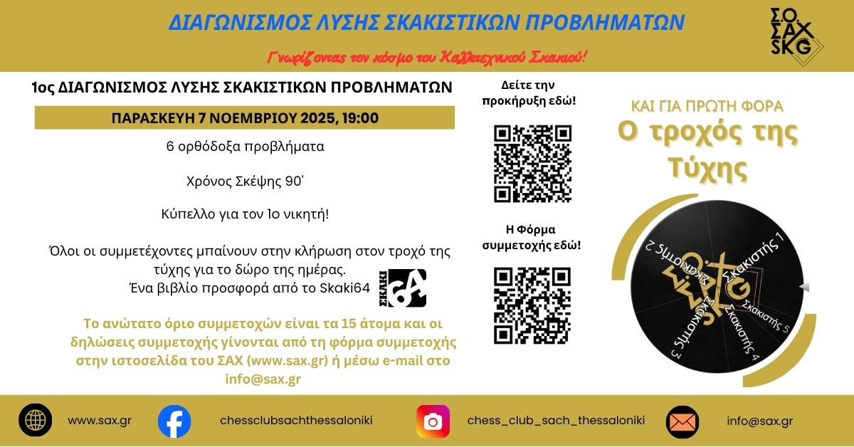 1ος Διαγωνισμός Λύσης Σκακιστικών Προβλημάτων – Σκακιστικός Όμιλος ΣΑΧ Θεσσαλονίκης