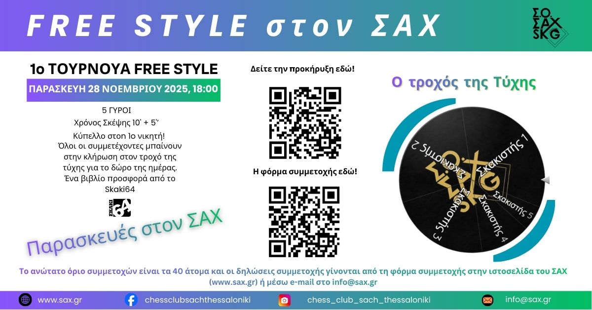 1ο Τουρνουά Free Style - Παρασκευές στο ΣΑΧ - Παρασκευή 28 Νοεμβρίου στις 18:00