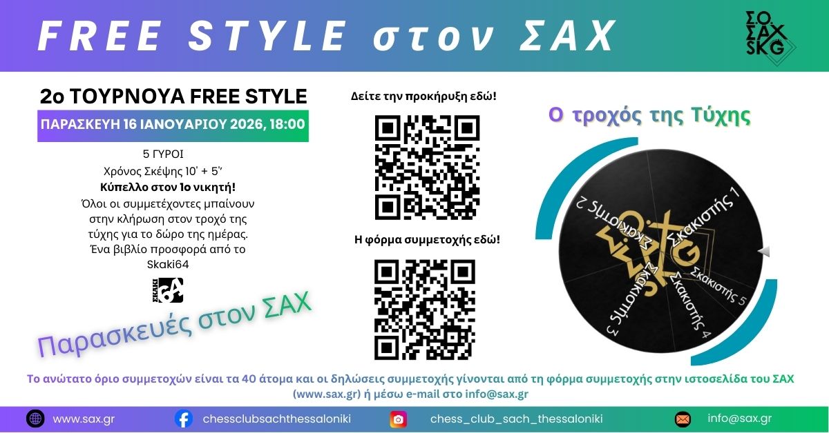 2ο Τουρνουά Free Style - Παρασκευές στο ΣΑΧ - Παρασκευή 16 Ιανουαρίου στις 18:00