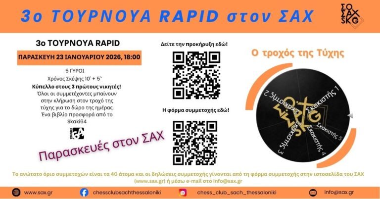 3ο Τουρνουά Rapid Σ.Ο. ΣΑΧ. Παρασκευή 23 Ιανουαρίου 2026