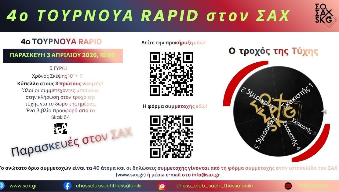 4ο Τουρνουά Rapid Σ.Ο. ΣΑΧ. Παρασκευή 3 Απριλίου 2026