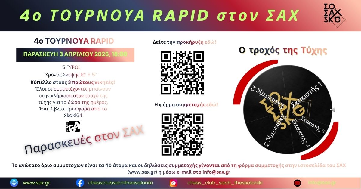 4ο Τουρνουά Rapid Σ.Ο. ΣΑΧ. Παρασκευή 3 Απριλίου 2026