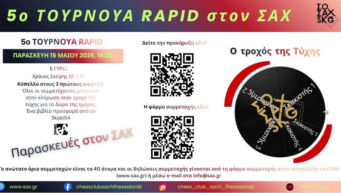 5ο Τουρνουά Rapid Σ.Ο. ΣΑΧ. Παρασκευή 15 Μαΐου 2026